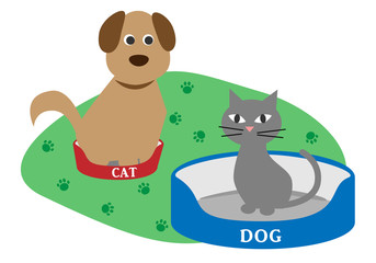 The dog's bed was taken by a cat. Vector illustration.