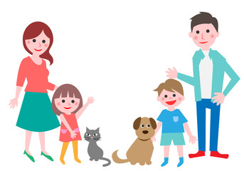 Couple and two children with dog and cat. Vector illustration.