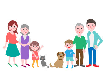 Three generation family with dog and cat. Vector illustration.