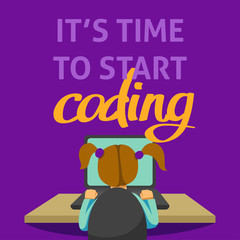 A vector image of a girl sitting at the desk and coding on the laptop with a purple background. It's time to start coding text for a flyer or a poster for children coding school.