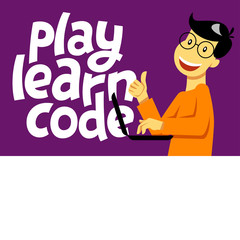 A square image of the boy who studies coding. A vector image for a flyer or a poster for the chidren coding school. Play learn code lettering