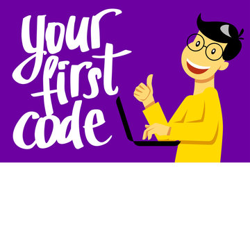A square image of the boy who studies coding. A vector image for a flyer or a poster for the chidren coding school. Your first code lettering