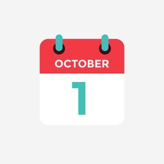 Flat icon calendar 1st of October. Date, day and month. Vector illustration.