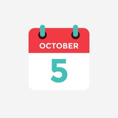 Flat icon calendar 5 October. Date, day and month. Vector illustration.