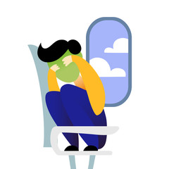 A vector image of a man in the airplane having an aerophobia. A passenger being nervous and in a stress. A color image for a travel poster, flyer or article.