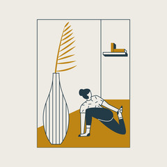 Young woman sitting in yoga posture and meditating. Girl doing aerobics exercise and meditation at home. Concept of physical and spiritual practice. Twisted lunge pose. Vector illustration 