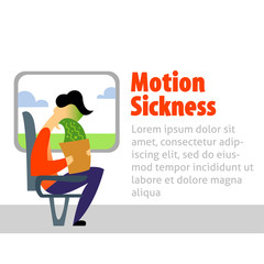 A vector image of a man in the transport with motion sickness. A color image for a travel poster, flyer or article.