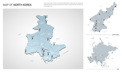 Vector set of North Korea country.  Isometric 3d map, North Korea map, Asia map - with region, state names and city names.