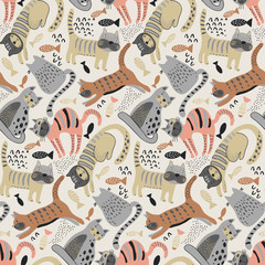 Materiał do szycia Vector seamless pattern with cute cats in simple flat style.