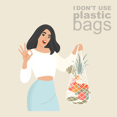 Vector illustration of a young woman with an eco-friendly textile shopping net in her hands