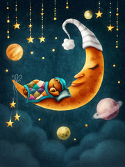Śpiący miś na księżycu