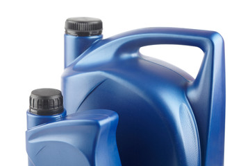 two blue plastic canister for lubricants without label, container for chemicals