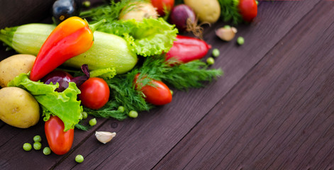 Assortment of fresh vegetables. Detox, vegan and clean diet eating. Panorama, banner