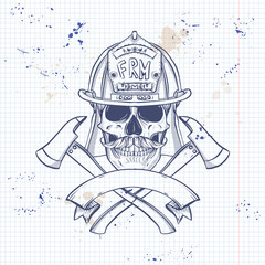 Sketch, fireman skull with helmet, mustaches and axe. Poster, flyer design on a notebook page