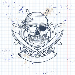 Sketch, pirate skull with sword, mustaches, pirate head scarf, eye patch and ships steering wheel. Poster, flyer design on a notebook page