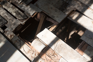 Broken wood floor, Decayed wood floor