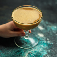 chocolate dessert in a transparent glass. top food background. copy space