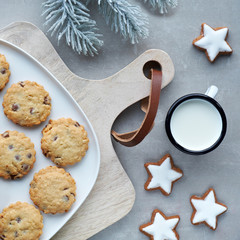 Christmas chocolate chop cookies, flat lay on grey stone