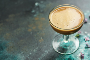 chocolate dessert in a transparent glass. top food background. copy space