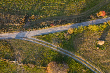 Aerial picture of a countryside village road