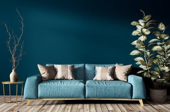 Interior Of Living Room With Turquoise Sofa 3d Rendering