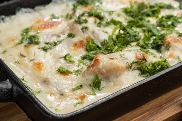 Cheese casserole with chicken and herbs. Beautiful baked crust.