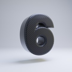 Carbon fiber 3d number 6. Black carbon font isolated on white background.