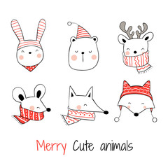 Draw collection head of happy animals for Christmas.