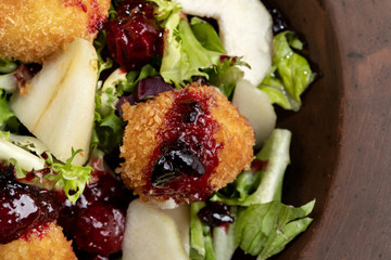 Tasty Homemade Cheese Donuts Jam, poured with pear and salad-2.