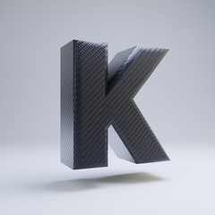 Carbon fiber 3d letter K uppercase. Black carbon font isolated on white background.