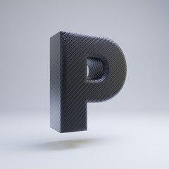 Carbon fiber 3d letter P uppercase. Black carbon font isolated on white background.