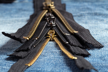 Pack a lot of black metal brass zippers stripes with sliders pattern for handmade sewing tailoring...