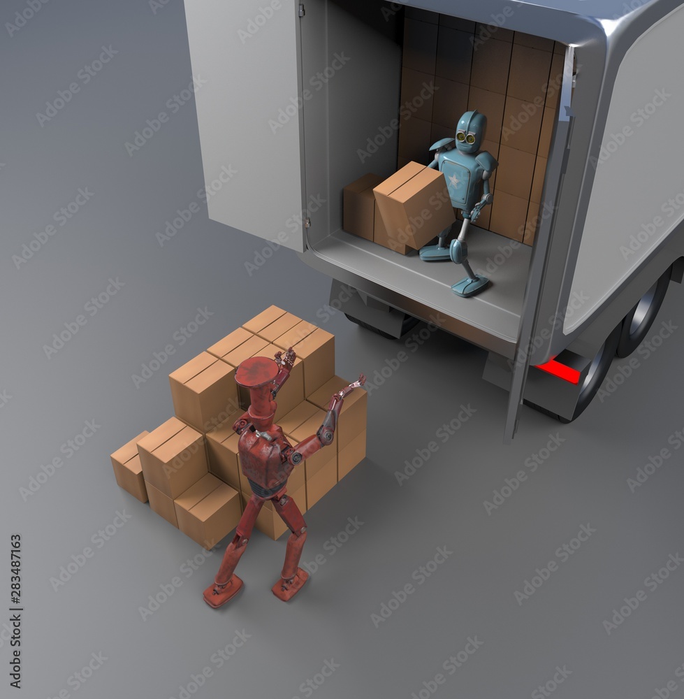 Wall mural Two retro Robots with Shipping Boxes load in truck Render 3d