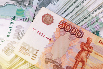 closeup macro stack of Russian rubles 1000 and 5000 banknotes