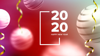 Celebrating Happy New Year Invite Banner Vector. Colorful Glossy Drops, Balls, Shapes And Words With Frame Decorated Fireworks On New Year Greeting-card Annonce. Horizontal Poster 3d Illustration