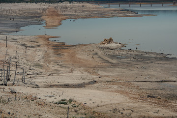 aerial view of dried up dam