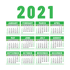 Calendar 2021. English color vector design. Week starts on Sunday. Square calender design template