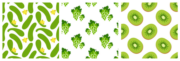 Fruits and vegetables seamless pattern set. Cucumber, grapes, kiwi. Fashion design. Food print for clothes, linens or curtain. Hand drawn vector sketch background collection