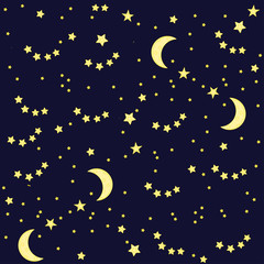 Night sky background with moon and stars. Vector seamless texture. Golden stars on a black background.