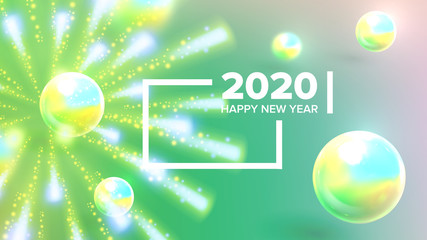 Celebrating Happy New Year Invite Banner Vector. Colorful Glossy Drops, Balls, Shapes And Words With Frame Decorated Fireworks On New Year Greeting-card Annonce. Horizontal Poster 3d Illustration