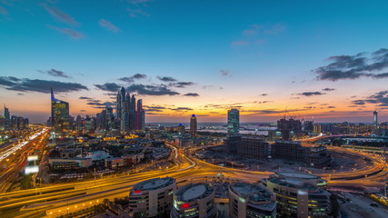 Dubai Media City with Modern buildings aerial day to night timelapse, United Arab Emirates