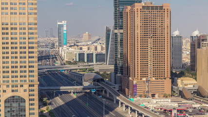 Skyline internet city with crossing Sheikh Zayed Road aerial timelapse