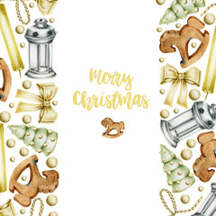 Christmas card with hand drawn Christmas elements (candles, wooden toys, bows, christmas lantern) on a white background, Christmas greeting card design