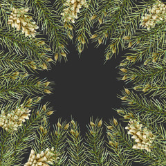 Greeting card with watercolor branches of spruce and fir cones, hand drawn on a dark background