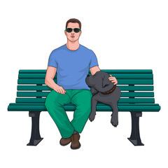Man sitting with dog on bench on a white background. Dog breed Great Dane. Gray dog. Stock Vector Illustration.
