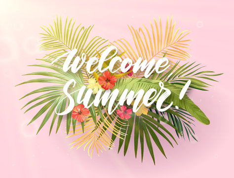 Summer tropical vector design for banner or flyer with exotic palm leaves, plumeria flowers and white integrated hand drawn inscription.
