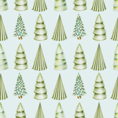 Obraz premium Seamless pattern of christmas trees with decorations, hand drawn on a blue background