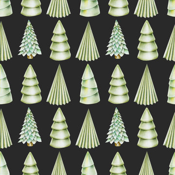 Seamless pattern of christmas trees, hand drawn on a dark background
