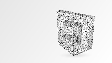 JS, Java Script coding language sign. Device, programming, developing concept. Abstract, digital, wireframe, low poly mesh, Raster white origami 3d illustration Triangle, line dot