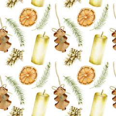 Fototapeta na wymiar Seamless pattern of hand drawn Christmas elements (candles, branches of spuce, fir cones, dried orange) on a white background, Christmas design
